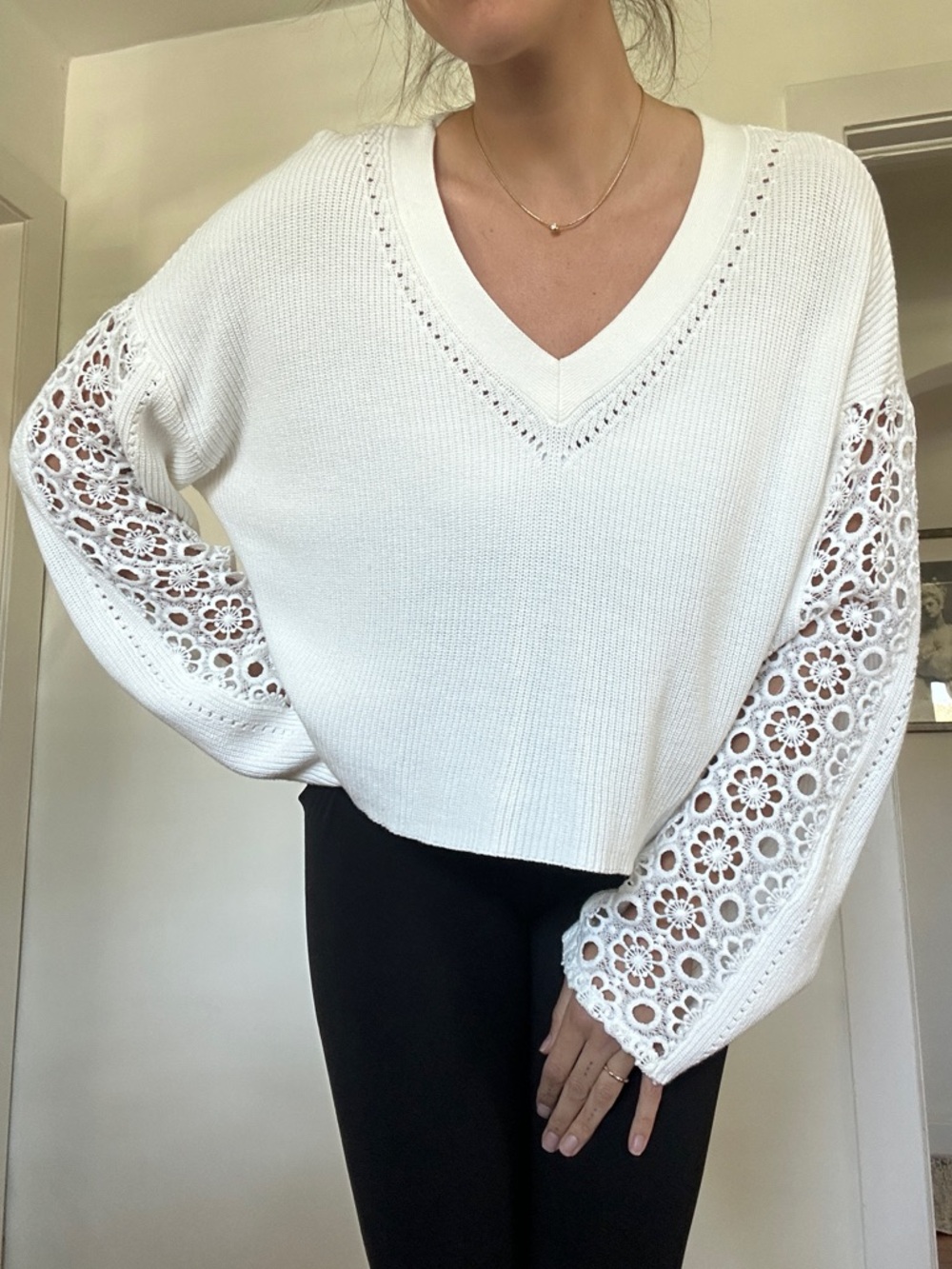 mi ami Cream Ribbed V-Neck Sweater
